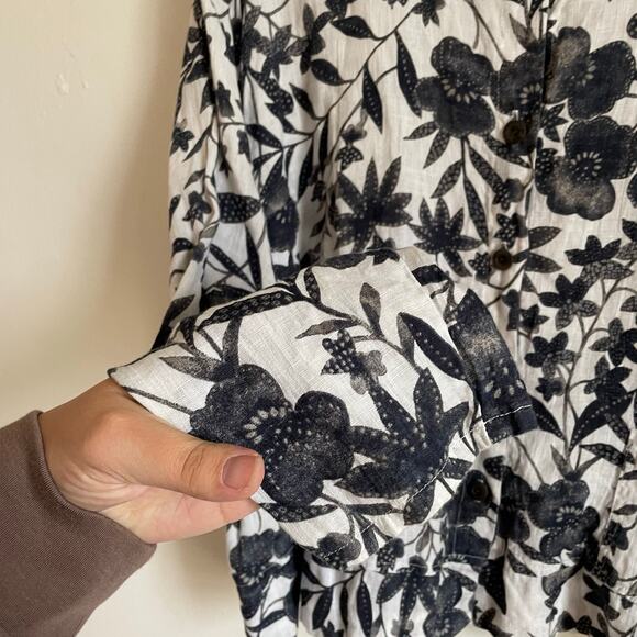 FLAX 100% Linen Classic Floral Button Down Blouse SZ 1X Lagenlook Black & White - Picture 5 of 10
